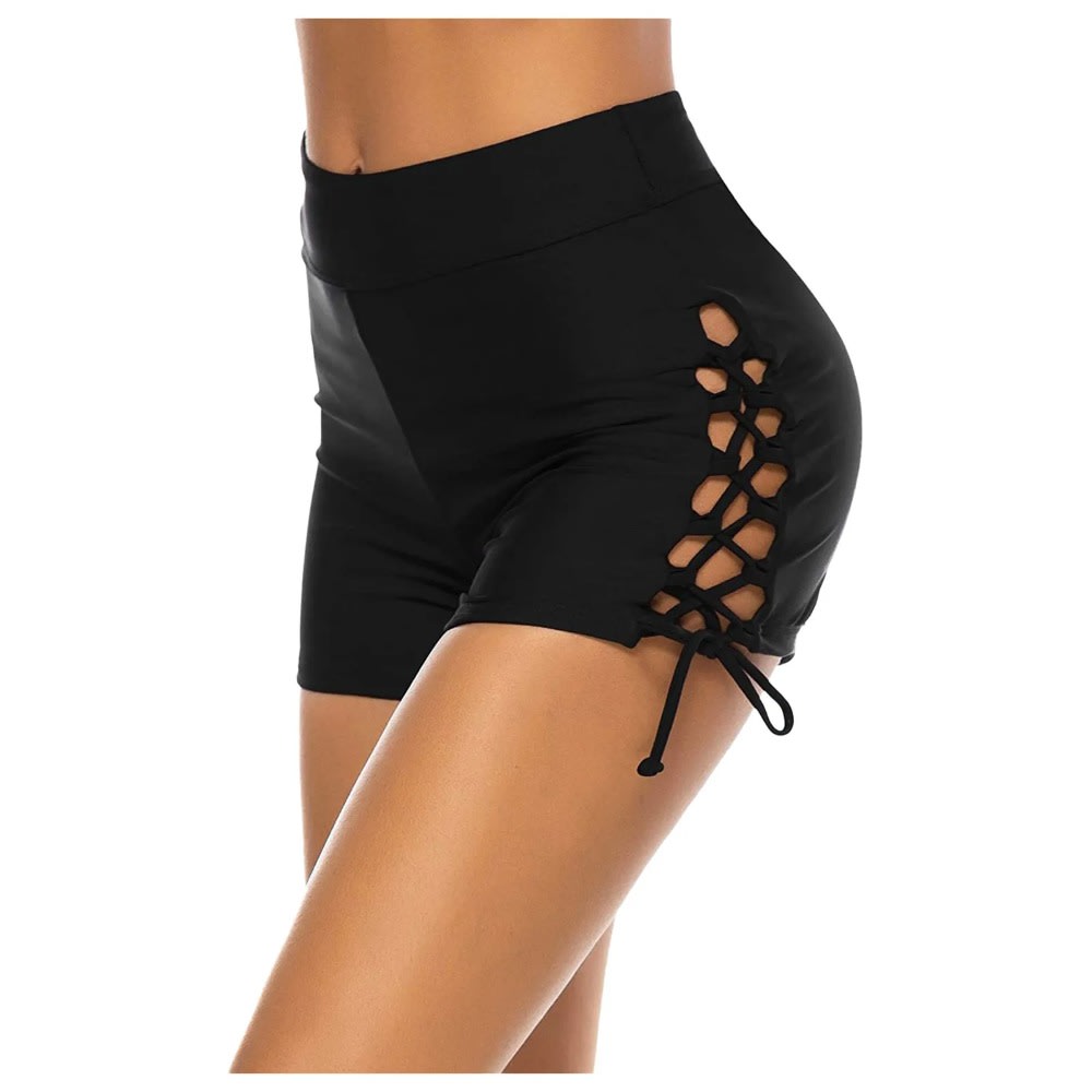 High Waisted Drawstring Swim Shorts for Women - Ruched Tummy Control Slim Bottoms